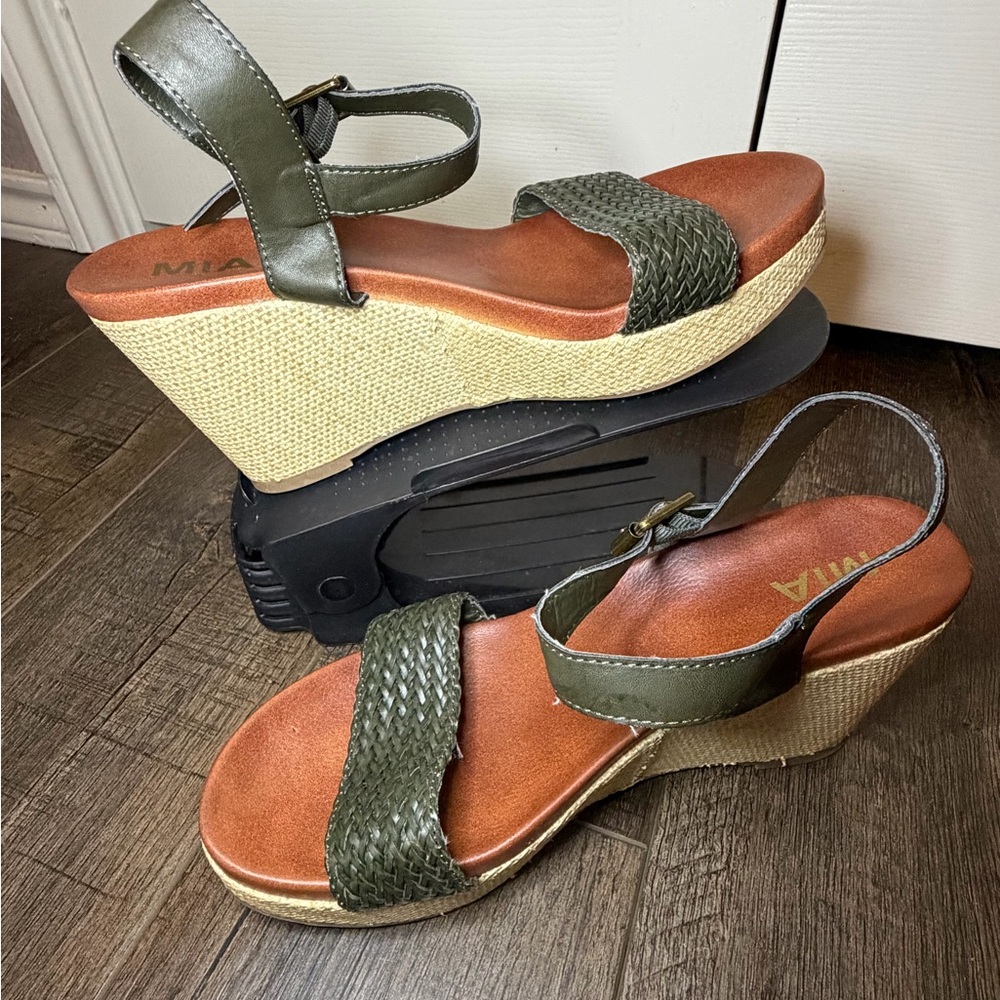 MIA Army Green Woven Strap Wedges